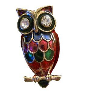 Enamel on Brass Red Owl Shaped Brooch Pin with Rhinestone Eyes Lot 6